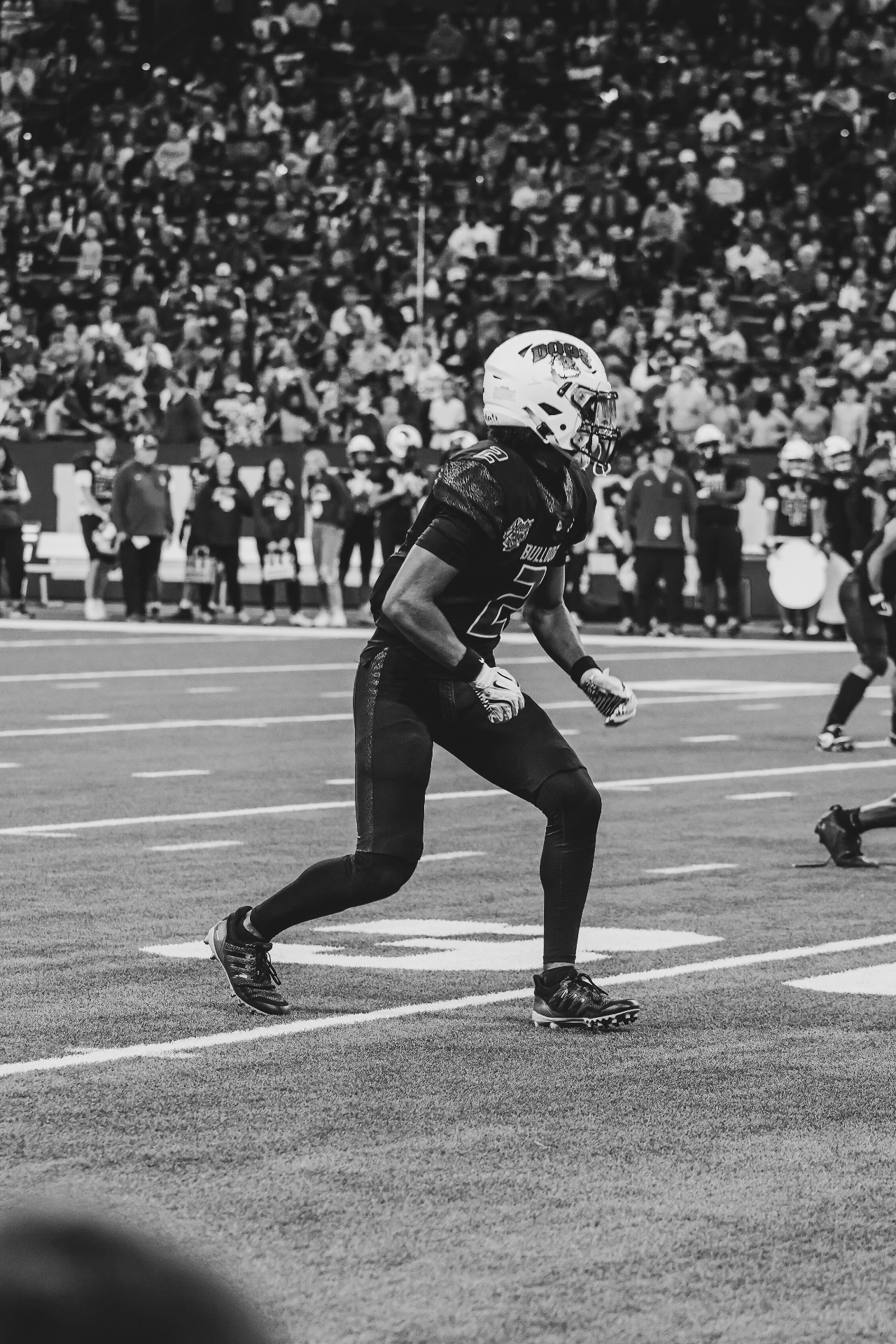 Black and white football action shot