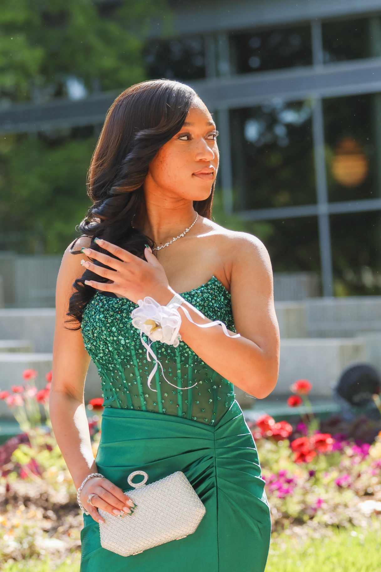 Prom portrait in emerald corset gown