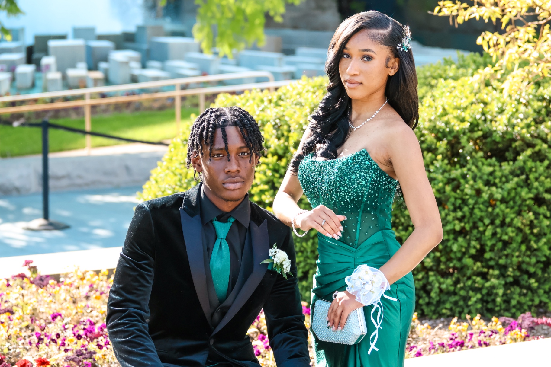 Prom couple in garden