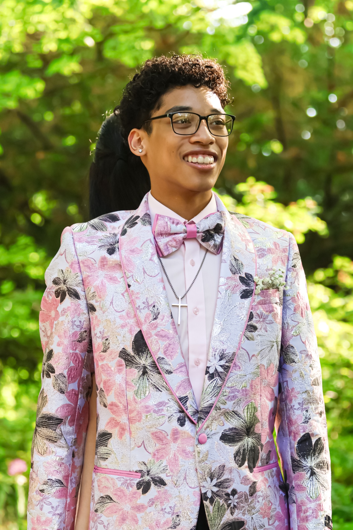 Pink floral tux prom portrait